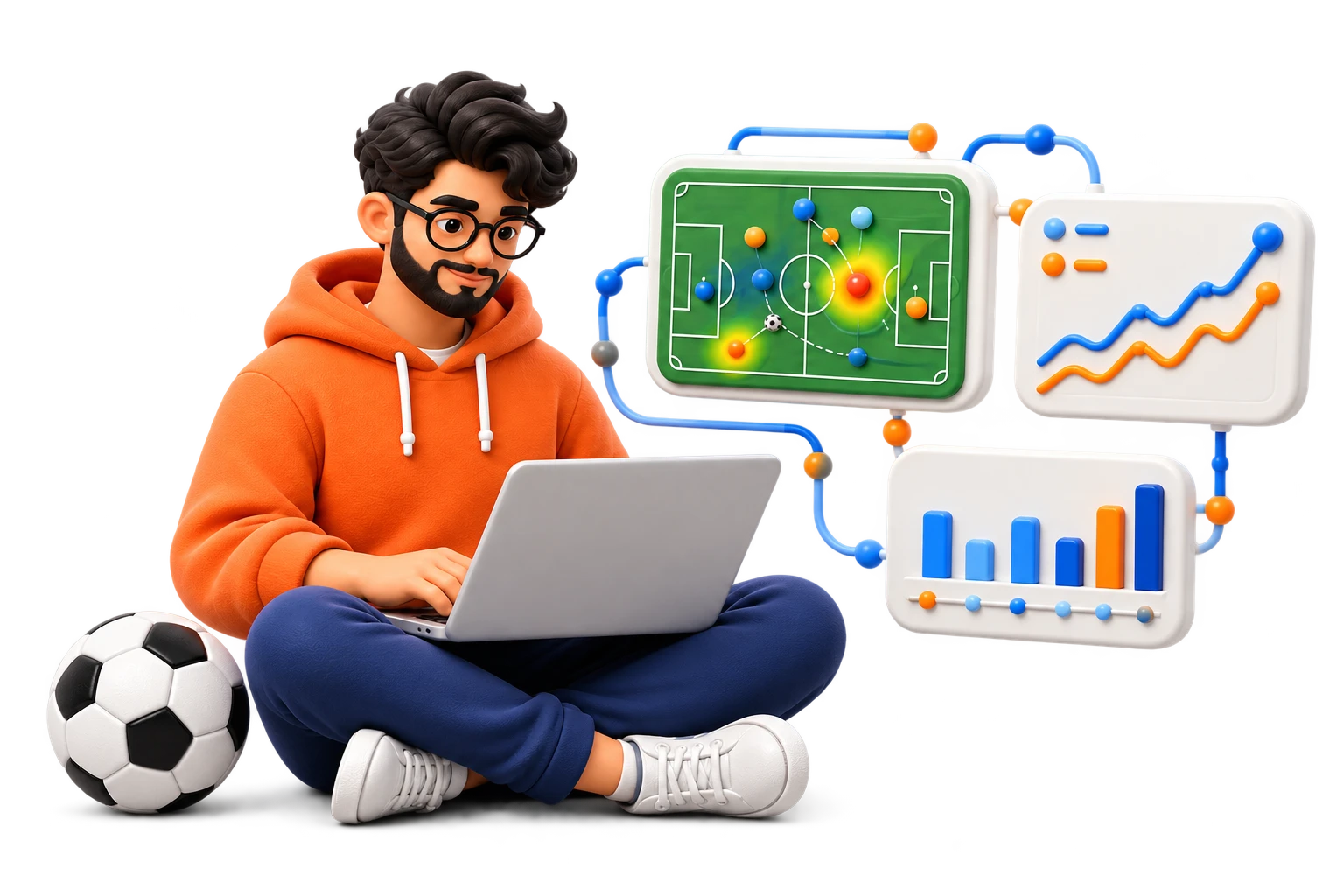 Developer using a laptop beside a football and connected football analytics panels